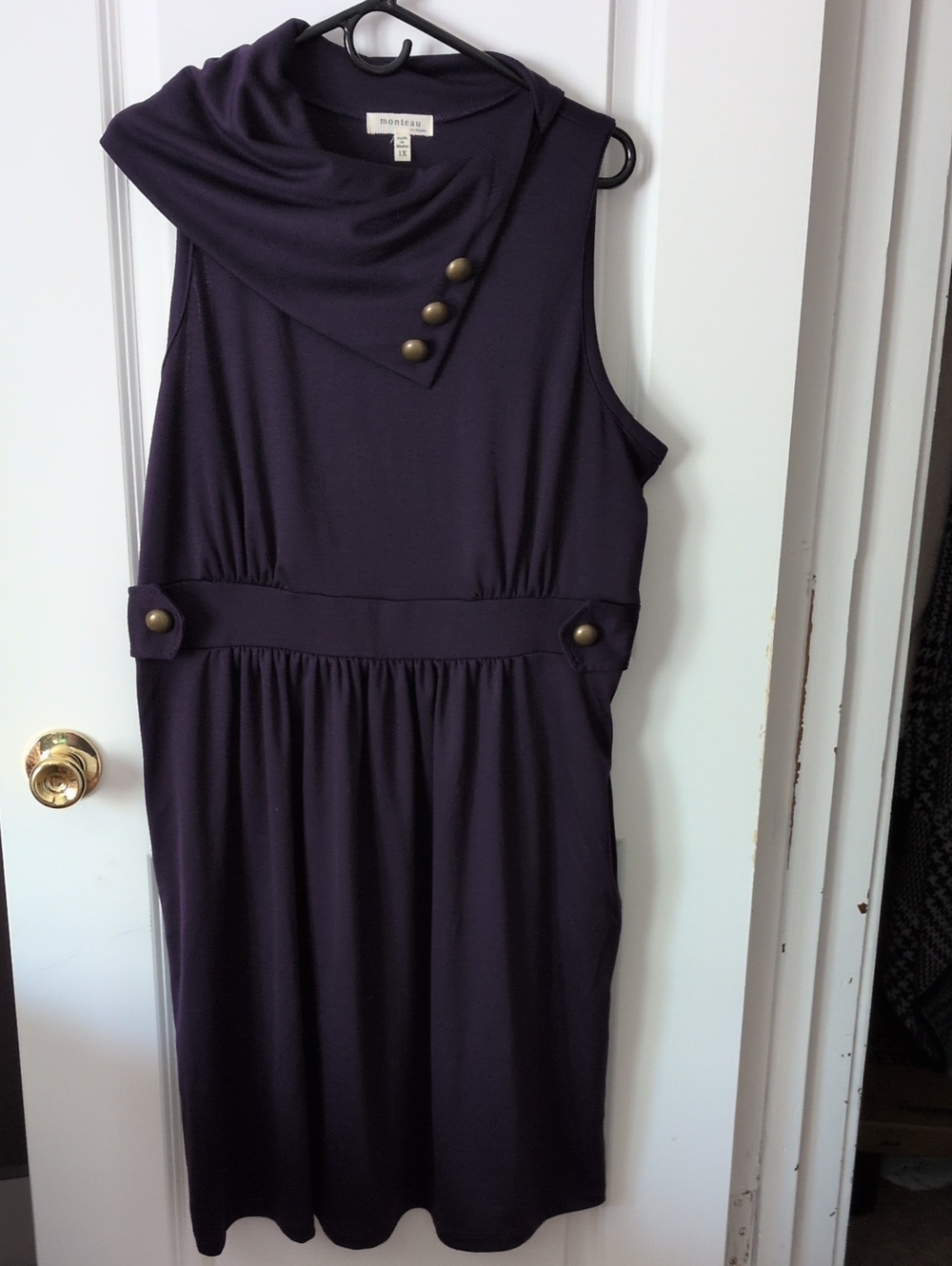 Monteau Sleeveless Dark Purple Dress with Brass Button Details